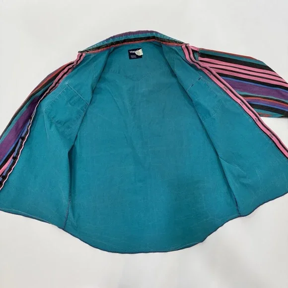 Vtg Wrangler Brushpopper Shirt 17 36 Western Rodeo Cowboy Pink Purple Teal 90s